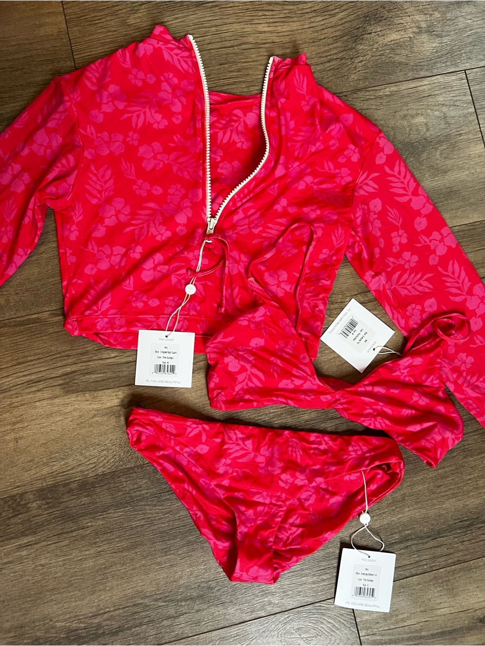 Mai swimsuit set in in Pink Sundays- medium top and rashguard and small bottom